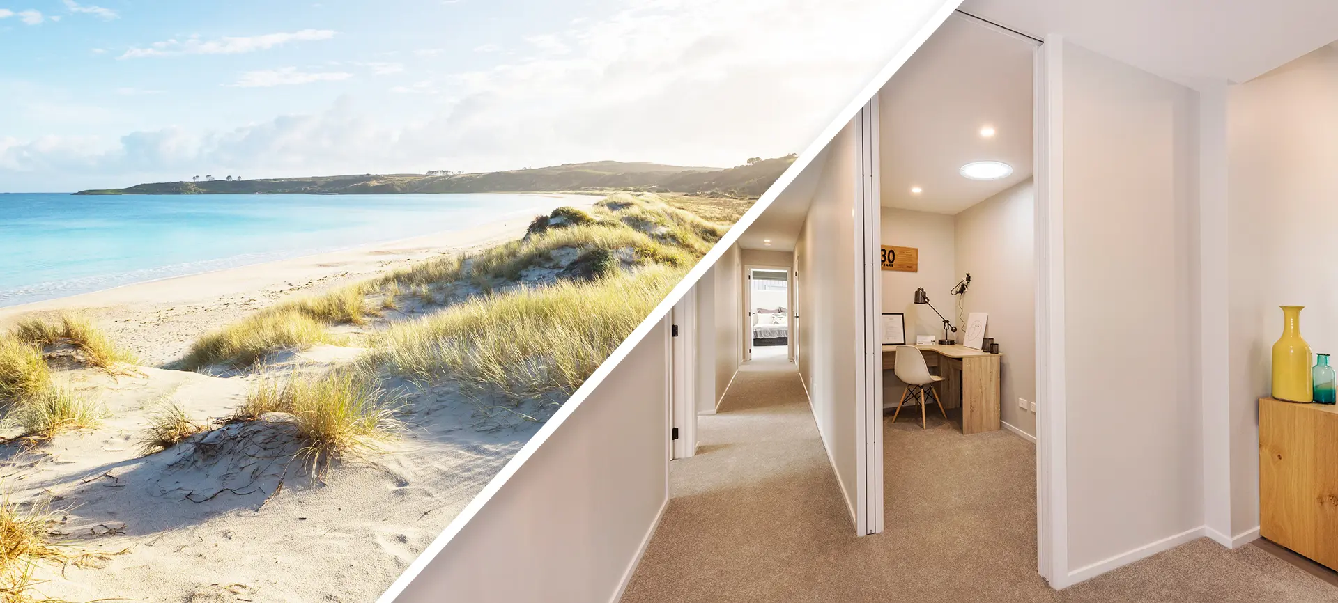 Image of a beautiful New Zealand beach on left side and inside a New Zealand home with a Solatube skylight installed on the right side